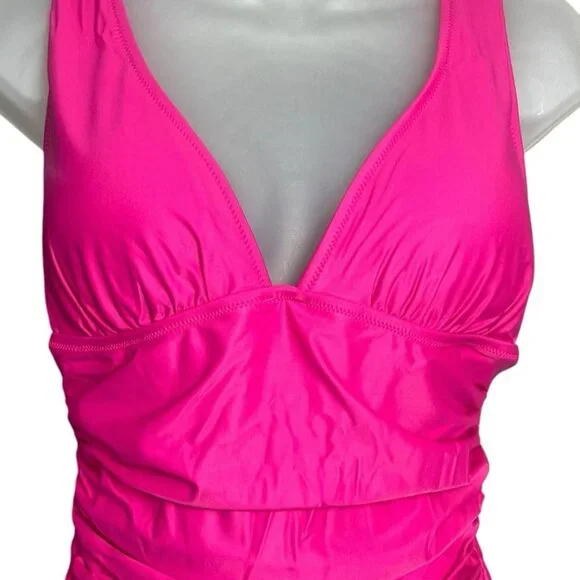 J. Crew Ruched V-Neck One‎ Piece Swimsuit Size 6 Pink BC116 Full Coverage Bottom - Picture 4 of 13